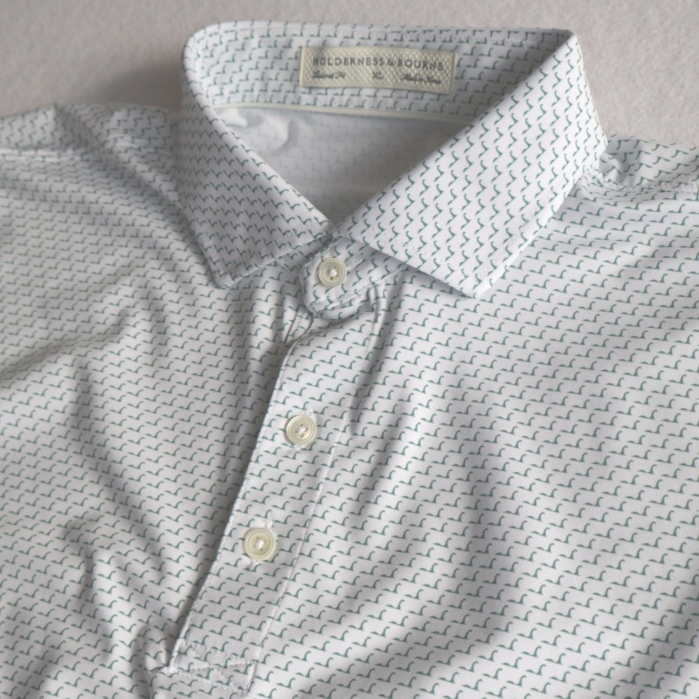 Holderness & Bourne Mens XL Tailored Fit Golf Polo Shirt White Dinosaur Print